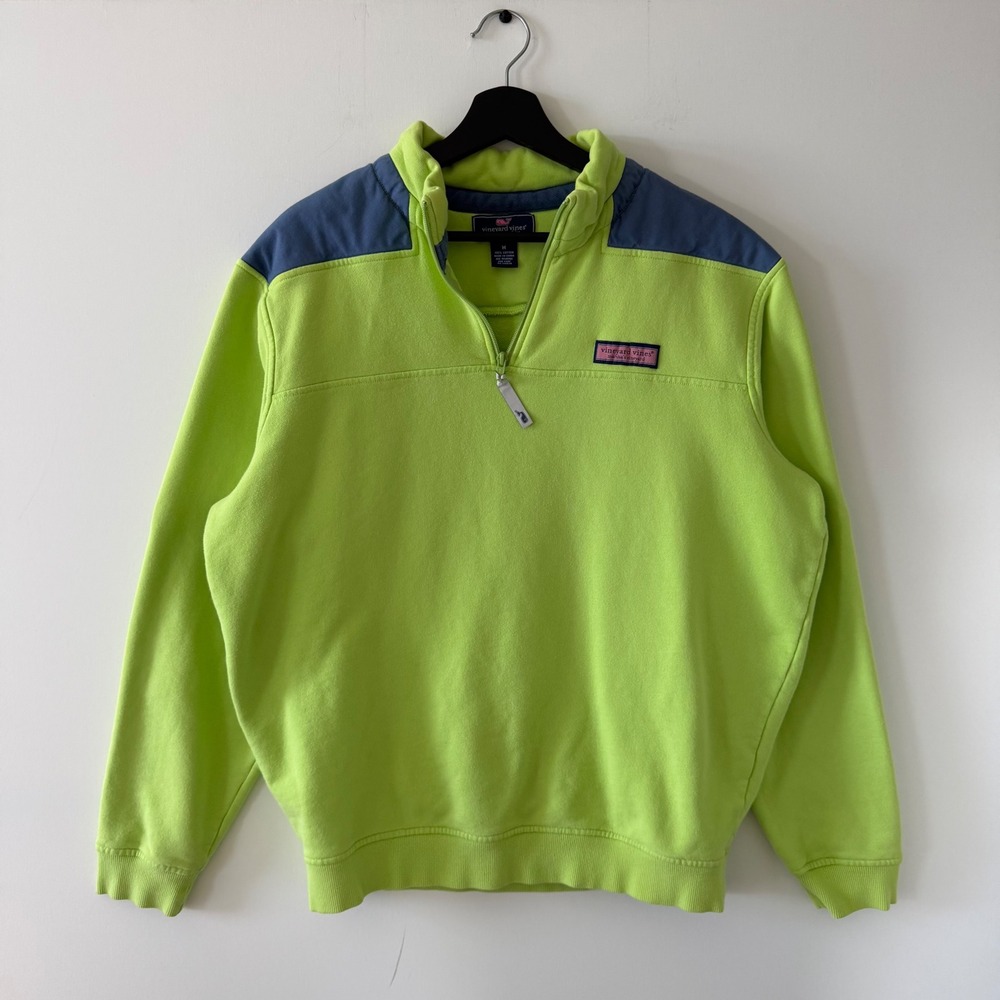 Vineyard Vines Mens M Lime Green Navy Blue Quarter Zip Pullover Cotton Sweater